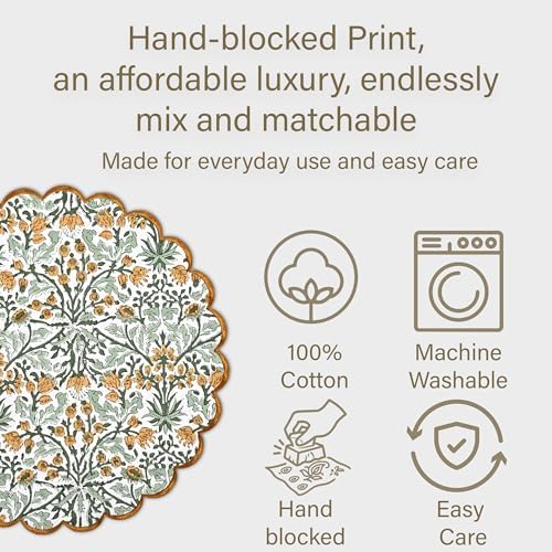 Ridhi Floral Block Print Round Placemats 15" in, Set of 4, Goldenrod Yellow - Image 6