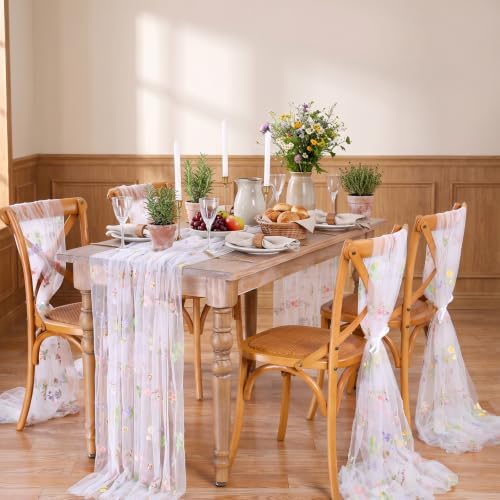 White Floral Table Runner Embroidery Floral 3pcs 10ft Tulle Spring Sashes - Image 4