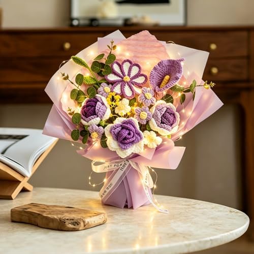Crochet Flower Bouquet, Purple Handmade Knitted Flowers with Card - Image 4