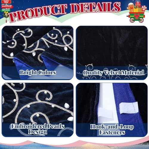 36inch Christmas Tree Skirt Navy Blue Luxury Velvet Plush Fur Skirts Baroque Tree Skirts with Gold Embroidered Pearls and Crystals Xmas Velvet Trees Skirt for Christmas Holiday Party Home Decorations - Image 3
