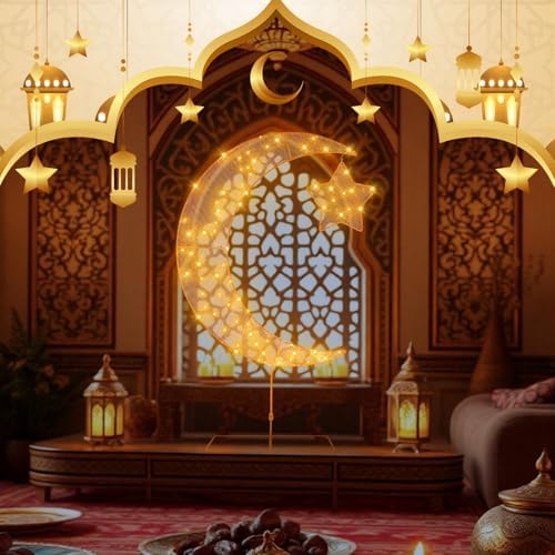 Glooglitter Pre-lit Eid Mubarak Decorations for Home Metal Ramadan Star Moon Crescent Light Decorations Outdoor Lighted Night Lamp Sign with LED String for Yard Lawn Pathway(Hanging Star) - Image 5