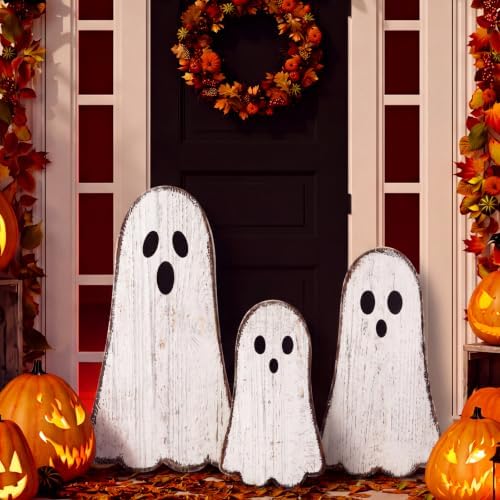Vercraft 3 Pcs Halloween Outdoor Decorations Ghost Wooden Porch Signs Halloween Yard Decor Welcome Front Door Standing Sign Farmhouse Standing Block for Home Outdoor Display, 15.7, 19.7, 23.6'' by Vercraft