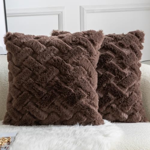 Yaertun Set of 2 Decorative Throw Pillow Covers Thick Plush Wool Throw Pillows Super Soft Luxury Faux Rabbit Fur Velvet Cushion Covers for Couch Sofa Bed Living Room 24x24 Inch Chocolate by YAERTUN