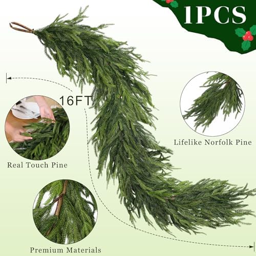 Lifelike Touch Artificial Norfolk Pine Garland for Christmas (16FT 1PCS) - Image 5