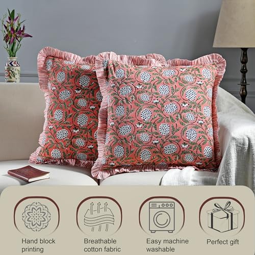 Ridhi Block Print Dark Salmon Pink Throw Pillow Cover 16" x 16" (Pack of 2) Decorative Cushion Covers with Ruffle for Couch, Sofa, Bed, Living Room, Home Decor Gift for Spring, Easter, Valentine - Image 5