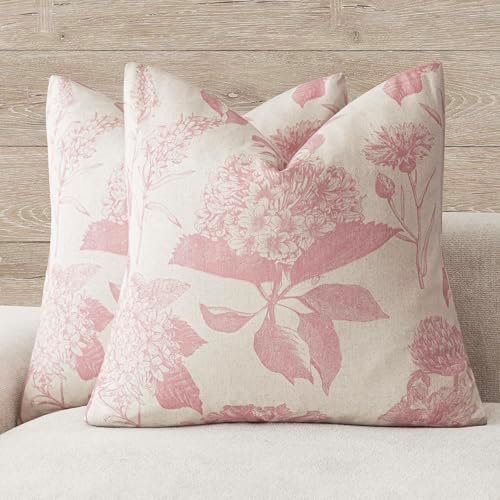 Foindtower Set of 2 Linen Floral Throw Pillow Covers Neutral Vintage Print Decorative Cozy Cushion Covers Farmhouse Boho Home Decor for Sofa Chair Couch Bedroom Living Room,20×20 Inch,Light Pink by Foindtower