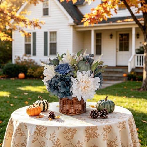 Hollyone 13.8" Fall Flowers Arrangement in Baskets Pot Outdoor Indoor Fake Pumpkin Hydrangea Peonies Artificial Flower in Woven Baskets Fall Decor Blue White Faux Plants Porch Home Autumn Decorations - Image 6