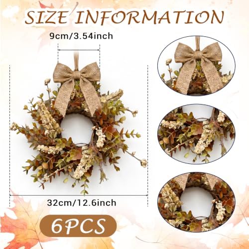 6 Pcs Small Fall Hanging Wreaths with Artificial Autumn Eucalyptus Greenery White Buds Beige Spikes Mini Cabinet Wreath for Home Table Centerpieces Kitchen Farmhouse Thanksgiving Party Decor - Image 2