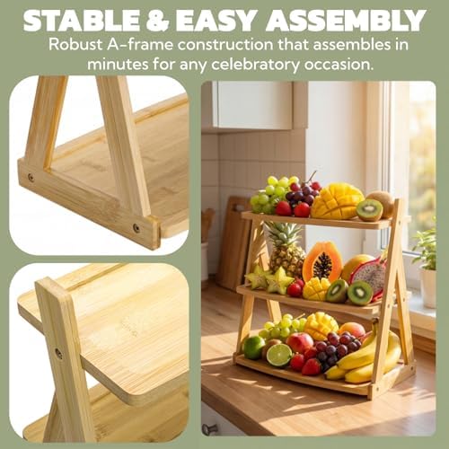 3 Tier Bamboo Serving Tray, Non Foldable Cupcake Stand - Image 3