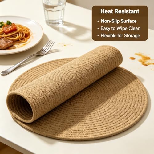 Round Placemats Set of 10, Cotton Woven Tablemats, Hot Pads for Kitchen, Jute Rattan Charger Plates for Dinner, Non Slip Heat Resistant Place Mats, 13.5'' Braided Placemat for Decor (Brown Jute) - Image 6