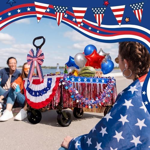 27 Pcs 4th of July Wagon Parade Float Decoration Kits 250th Patriotic Car Tassels, Garland, Banners, American Flag, and Bow Independence Day Red White Blue Decor(4th of July) - Image 5