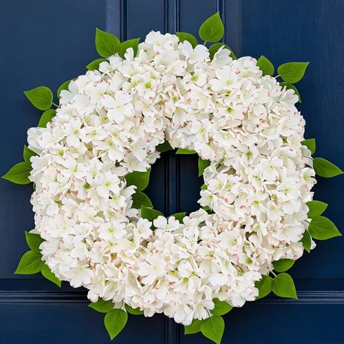 White Hydrangea Summer Wreath for Front Door with Artificial Hydrangea and Silk Greenery, 22''Outdoor Dogwood Wreath for Farmhouse Wedding & Home Decor- Spring Summer & All Seasons Display by Unknown