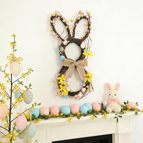 19.6 Inch Easter Bunny Wreaths for Front Door, Easter Bunny Wreath Spring Bunny Shaped Artificial Flower Band with Colored Eggs Berries for Front Door Wall Home Window Decor - Image 4