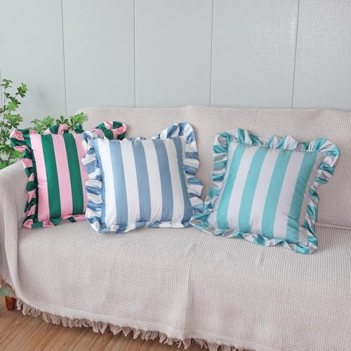 vctops Ruffle Square Throw Pillow Covers Boho Pink and Red Striped Decorative Pillowcases Set of 2, Soft Velvet Accent Cushion Cover Cases for Sofa Bed Living Room Decor (Blue White,18"x18") - Image 6