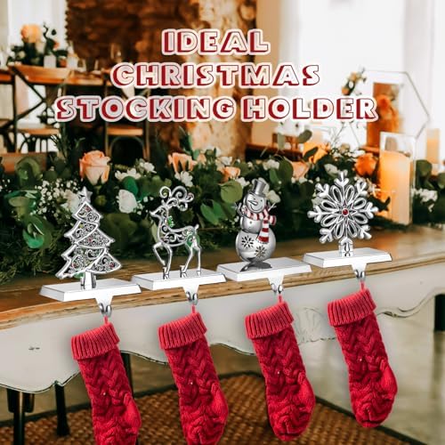 GUOER 4 Pack Snowflake Christmas Stocking Holder Set for Mantle Christmas Decorations Mantle Fireplace Topper-Snowman Reindeer and Christmas Tree Hangers Decorative Metal Hanger (Red Rhinestone) - Image 7