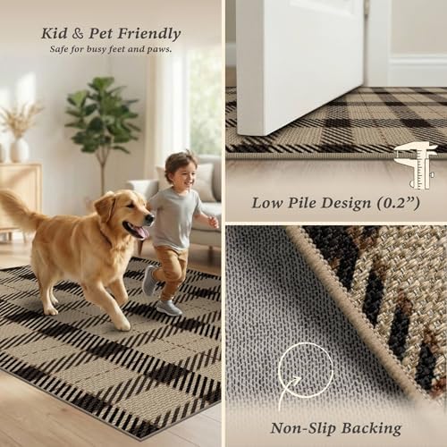 Easy Jute Area Rug 5x7, Black & Tan Plaid Rug, Washable Indoor Outdoor Farmhouse Rug for Living Room, Entryway, Bedroom, Patio & Covered Porch, Low Pile Non Slip - Image 5