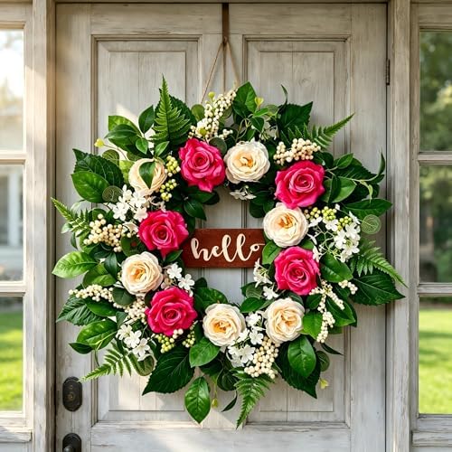 Artificial Spring Summer Wreath, 24 Inch Floral Wreath for Front Door - Greenery Wreath with Flowers and Green Leaves, Farmhouse All Season Home Decor for Indoor Outdoor Wall Porch Window - Image 6