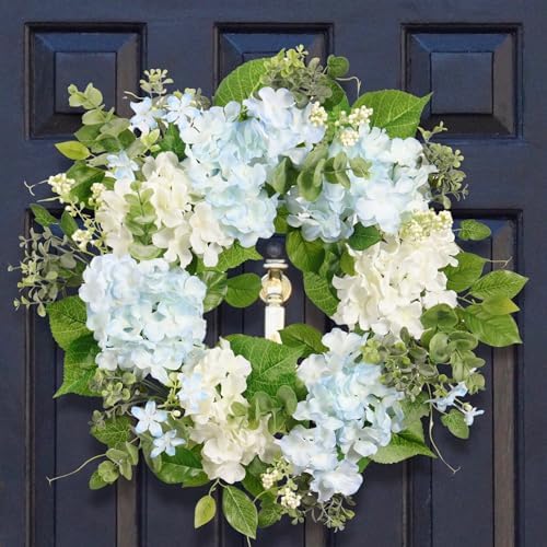Spring Wreath Artificial Hydrangea Eucalyptus 20IN, Light Blue White Green, Spring Easter Summer Front Door Wall Décor by Unknown
