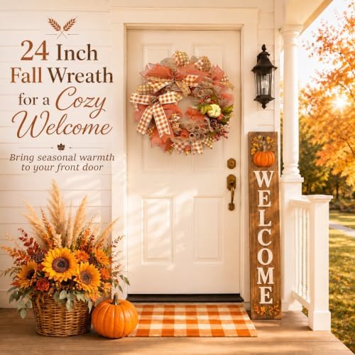 24 Inch Fall Wreaths for Front Door, Pumpkin Autumn Wreath - Image 2