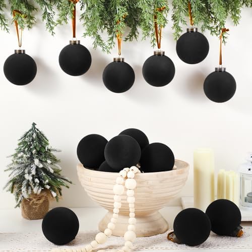 Liliful 15 Pcs Velvet Christmas Balls Bulk Flocked Christmas Tree Ball Ornaments Plastic Xmas Decorative Hanging Ornaments(Black,3.15 Inch) - Image 4