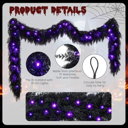 9FT Black Halloween Garland with Lights Realistic Prelit Christmas Garland - Image 3