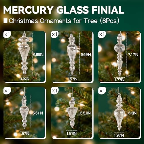 Mercury Glass Christmas Ornaments, Vintage Finial Decorations, Silver, 6-Pc - Image 3