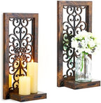 Mirrored Browm Wall Candle Sconces Set of 2 with Scrollwork Design by Walasis