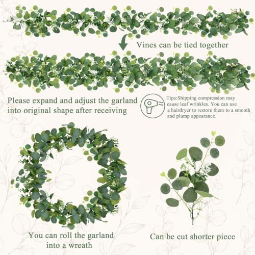 N&T NIETING 8 Pack Artificial Eucalyptus Leaf Garland, Faux Greenery Garland Decor 6 FT Summer Garlands, Fake Hanging Vines for Wedding Decoration Table Mantle - Image 3