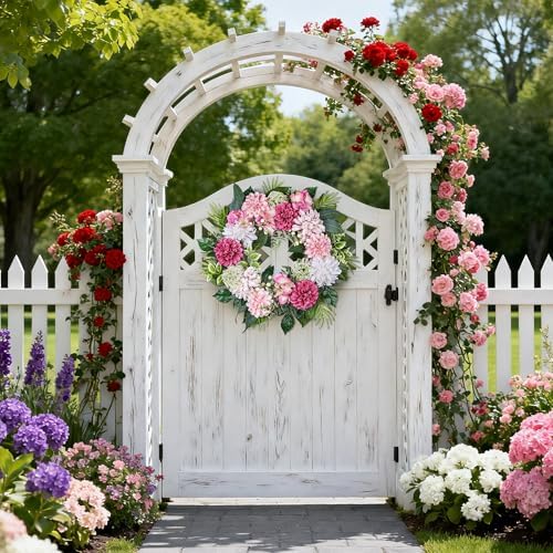 24-Inch Spring Wreath for Front Door with Hydrangeas Dahlias Daisy Silk Flowers and Berry Greenery for All Seasons Indoor Outdoor Wedding Farmhouse Porch Wall Living Room Home Wedding Decor - Image 3