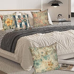 Vintage Printed Throw Pillow Covers 24''x24'' Set of 4, Colorful Flowers Pillowcases Rustic Decorative Floral Cushion Covers for Couch Sofa Bedroom Farmhouse Livingroom Garden Patio Car - Image 3