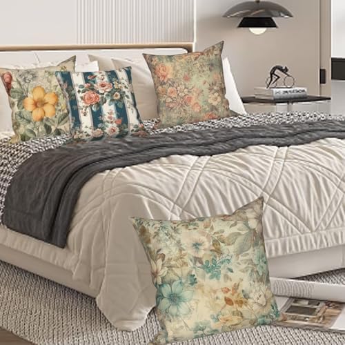 Vintage Printed Throw Pillow Covers 24''x24'' Set of 4, Colorful Flowers Pillowcases Rustic Decorative Floral Cushion Covers for Couch Sofa Bedroom Farmhouse Livingroom Garden Patio Car - Image 3