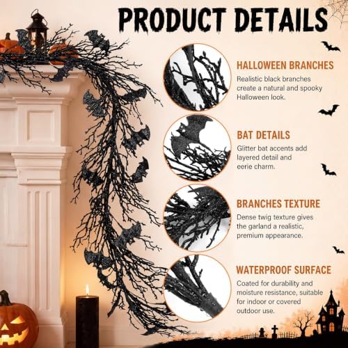 Riceshoot Halloween Garland for Mantle Fireplace Decor-6 ft Black Twig Garland with Bat Accents, Spooky Artificial Halloween Vine for Table Staircase Entryway Gothic Party Haunted House - Image 2