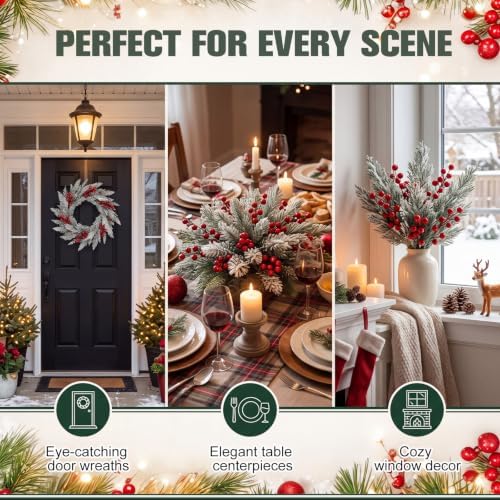 200 Pcs Artificial Christmas Snow Pine Branch with Red Berry Stems - Image 4