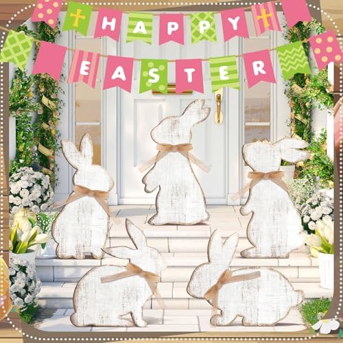 Yuntau 5 Pcs Easter Welcome Porch Sign Large Wooden Bunny Standing Porch Sign Easter Bunny Outdoor Decor with Ribbon for Front Door Indoor Outdoor Yard Garden Decor - Image 2