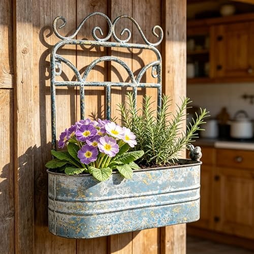 Vintage Rustic Wall Planter Distressed Grey Decor Iron Hanging Plant Basket Shabby Metal Wall Mounted Flower Holder Pot Stand for Indoor Outdoor Home Balcony Patio Farmhouse Garden Decorative Blue by Unknown