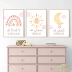 Set of 3 Pink Islamic Wall Art Canvas Painting Alhamdulillah Rainbow Sun Moon Posters Nursery Prints Pictures Girl Room Interior Decor No frame by Unknown