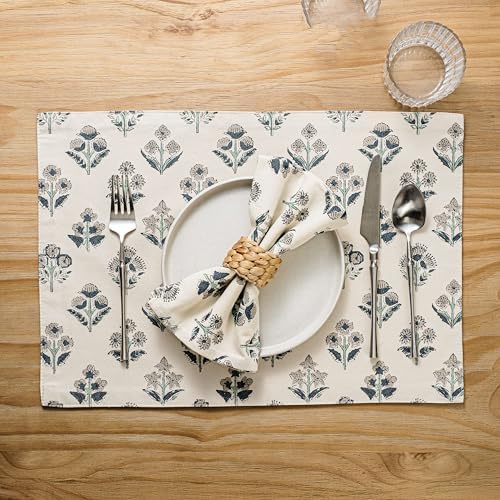Block Print Floral Decorative Placemats Set of 6, Grey - Image 4