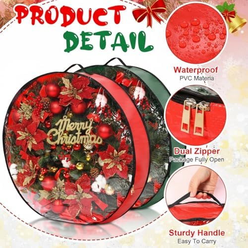Aliceset 4 Pack Wreath Storage Bags, 36 x 36 x 7.8 Inch, Red, Green - Image 3