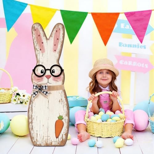 Yerliker 35 Inch Easter Wooden Porch Sign Wooden Bunny Standing Sign Decoration Easter Rabbit Outdoor Decor Bunny Shape Decor for Porch, Yard, Front Door, Garden, Patio, Outdoor - Image 6