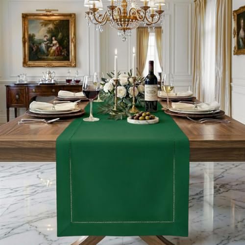 Signature Linen™ by D'Moksha, Forest Green Table Runner 90 Inches Long, 100% Pure Linen, Hemstitch, 14 x 90 Inch Table Runner for Dresser, Dining- Fall, Weddings, Outdoor Hosting by DMokshaHomes