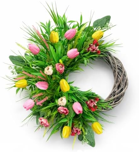 Spring Summer Wreath for Front Door, 24 Inch Artificial Tulip Wreath with Pink Yellow Lavender and Eucalyptus Greenery for Indoor Outdoor Home Farmhouse Wall Decor by WEYANZE