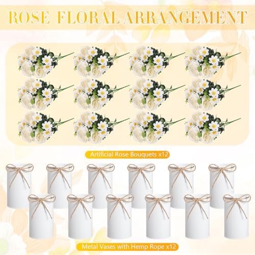 Domensi 12 Sets Wedding Centerpiece for Table Decoration Artificial Fake Rose Flowers with Metal Vase, Faux Silk Rose Bouquet Floral Arrangements for Bridal Shower Home Dining Party (White) - Image 3