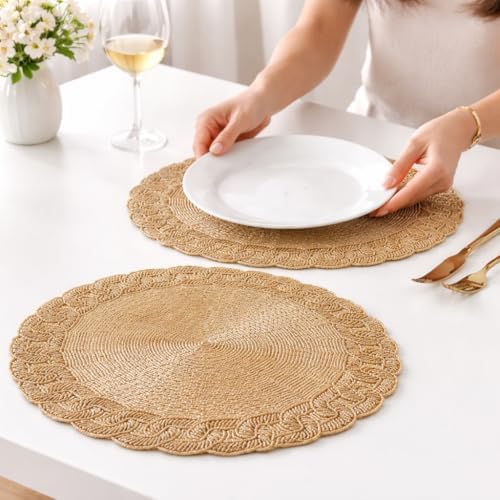 Beaded Round Placemats,Scroll Circle Design Set of 2 for Dining Table - Beaded Charger for Dinner Plate - Occasional Decoration - Gold Scroll - Image 4