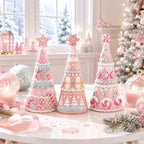 Simgoing 3 Pcs Pink Gingerbread Christmas Tree Figurines Pastel Table Decor - Image 5