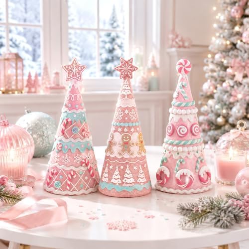Simgoing 3 Pcs Pink Gingerbread Christmas Tree Figurines Pastel Table Decor - Image 5