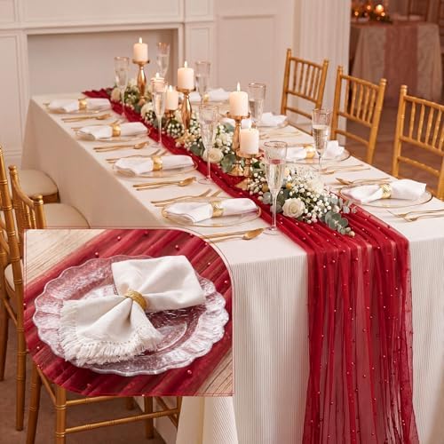 Red 10 Pcs Pearl Gauze Table Runner 120 Inch 10ft Pearl Sheer Tulle Table Cloth Centerpieces for Home Wedding Birthday Bridal Baby Shower Party Favor Holiday Dining Decorations - Image 6