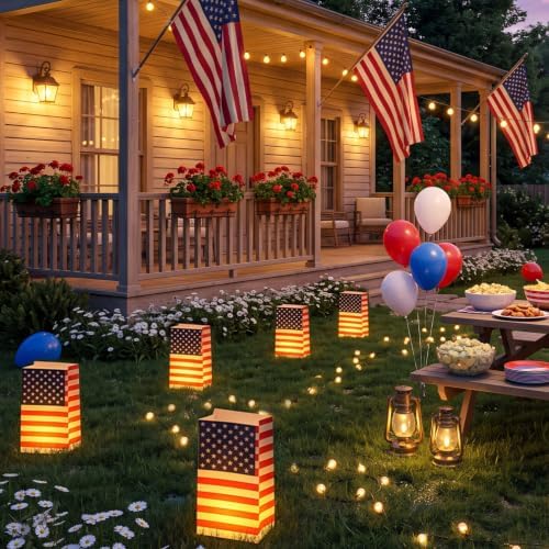 Sabary 100 Pcs Patriotic Luminary Bags USA Flag Flame Resistant Candle Reusable Paper Lantern for Independence Day 250 Anniversary Memorial Day Decorations Diwali Veterans Party - Image 4