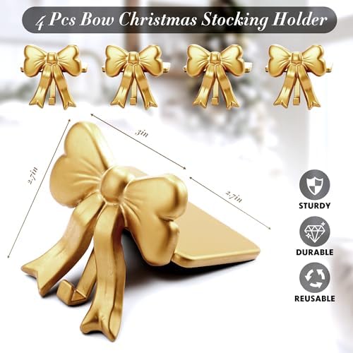 MorningRo 4 Pcs Bow Christmas Stocking Holder Brass Stocking Hangers Handmade Wrought Iron Xmas Bow Decoration for Fireplace Shelf Staircases Party Decoration Christmas Mantel Decor - Image 3