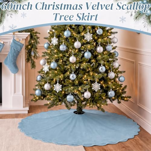 RoundFunny Dusty Blue Christmas Tree Skirt Velvet Tree Skirts, 60 Inch - Image 6