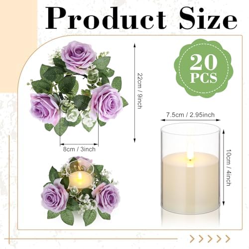 Yunlly 20 Pcs Rose Candle Rings with Candles Sets, Purple - Image 2